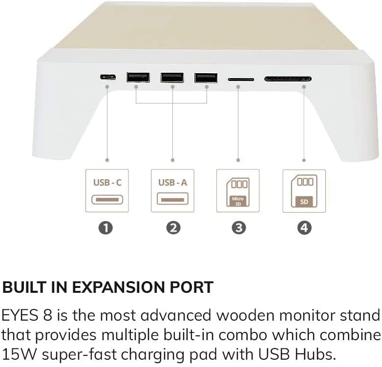 3-in-1 Wooden Monitor Stand Hub with Fast Wireless Charging Pad Pout Eyes 8 White